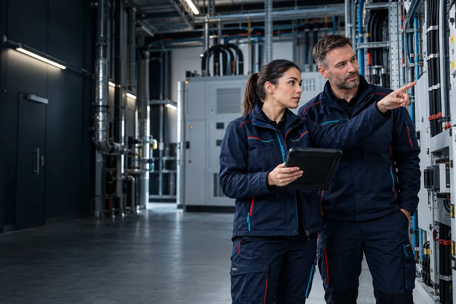 Electrical professionals reviewing an installation together in a commercial plant room