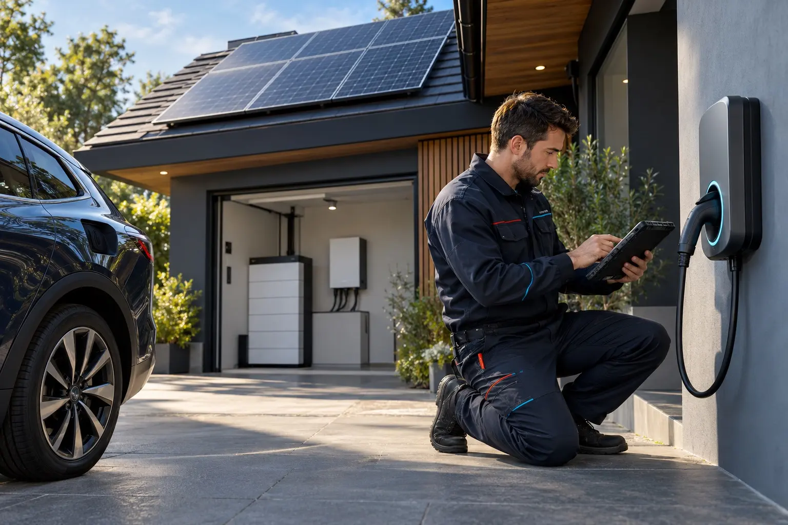 Electrician commissioning electrical equipment at a home with rooftop solar panels and battery storage