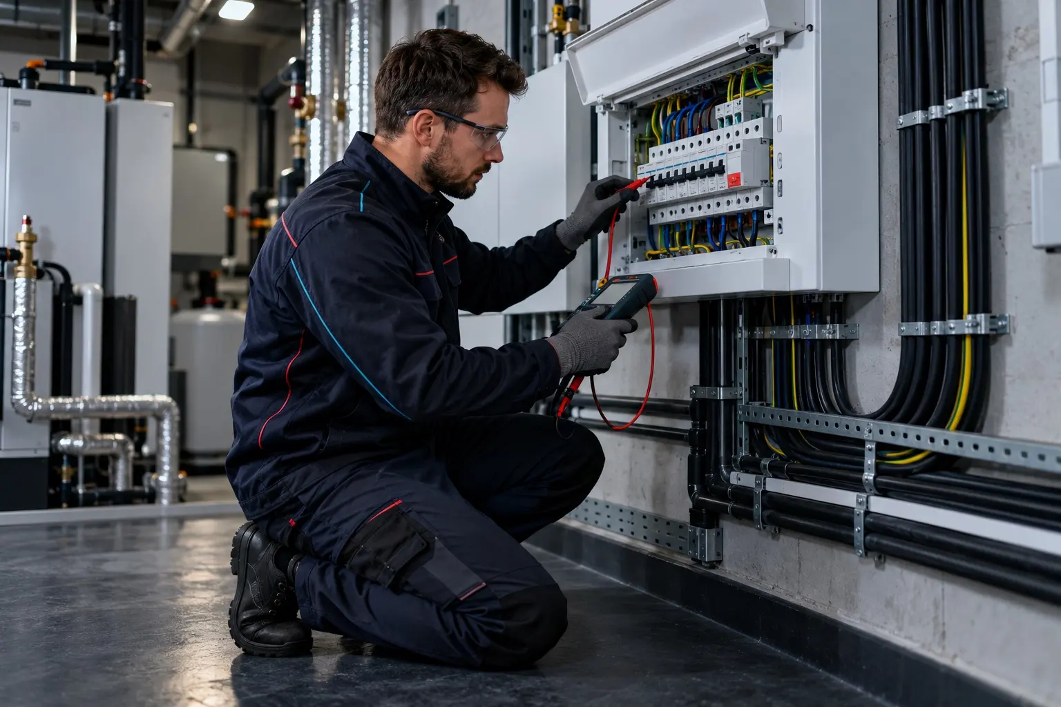 Electrician testing a control panel in a plant room with heating equipment