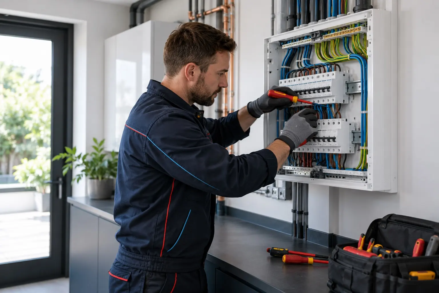 Electrician working on an electrical installation in a modern kitchen