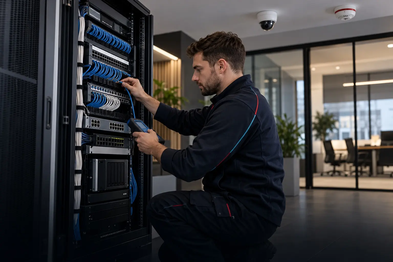 Electrician testing structured data cabling at a network cabinet