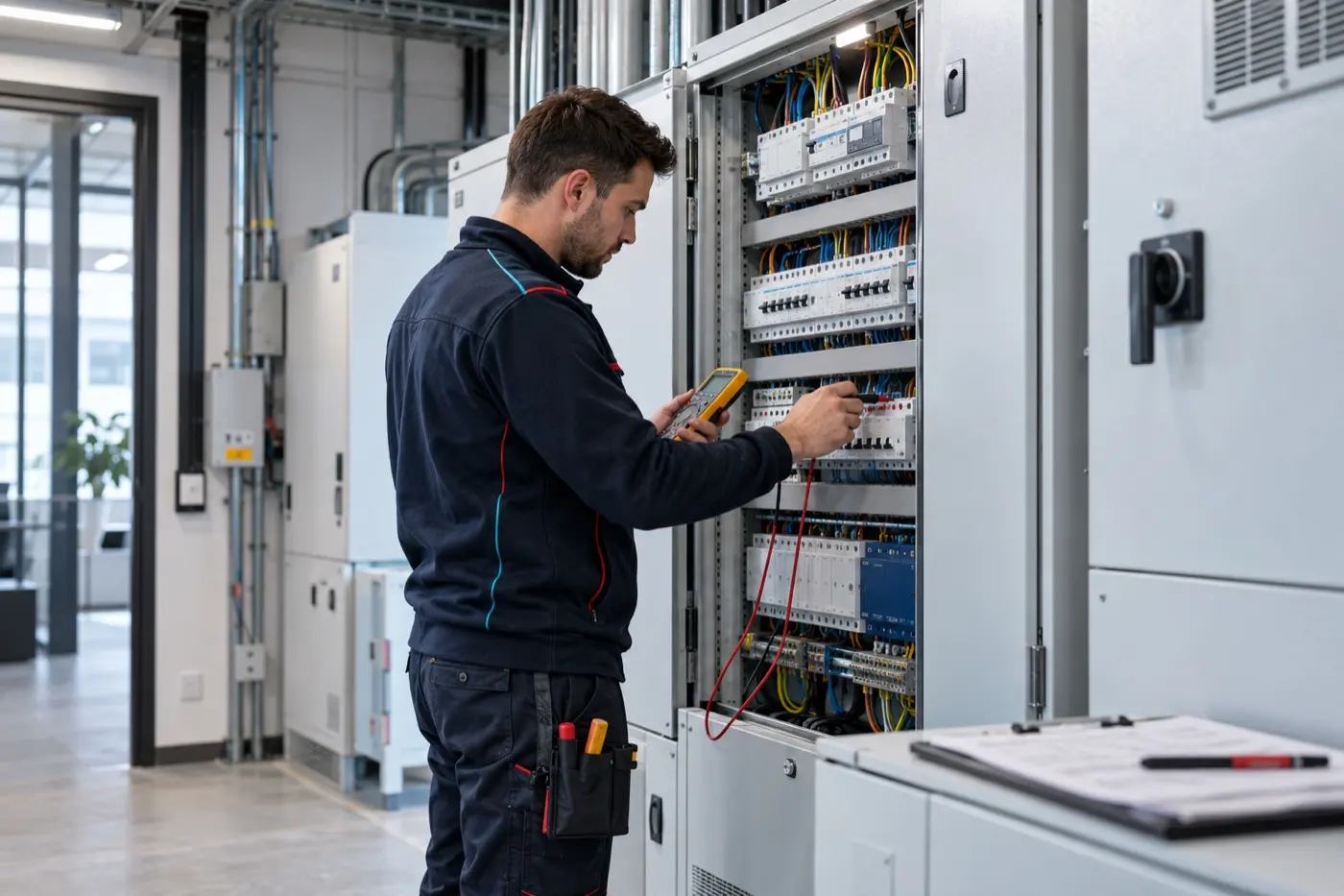 Electrician testing a commercial electrical installation