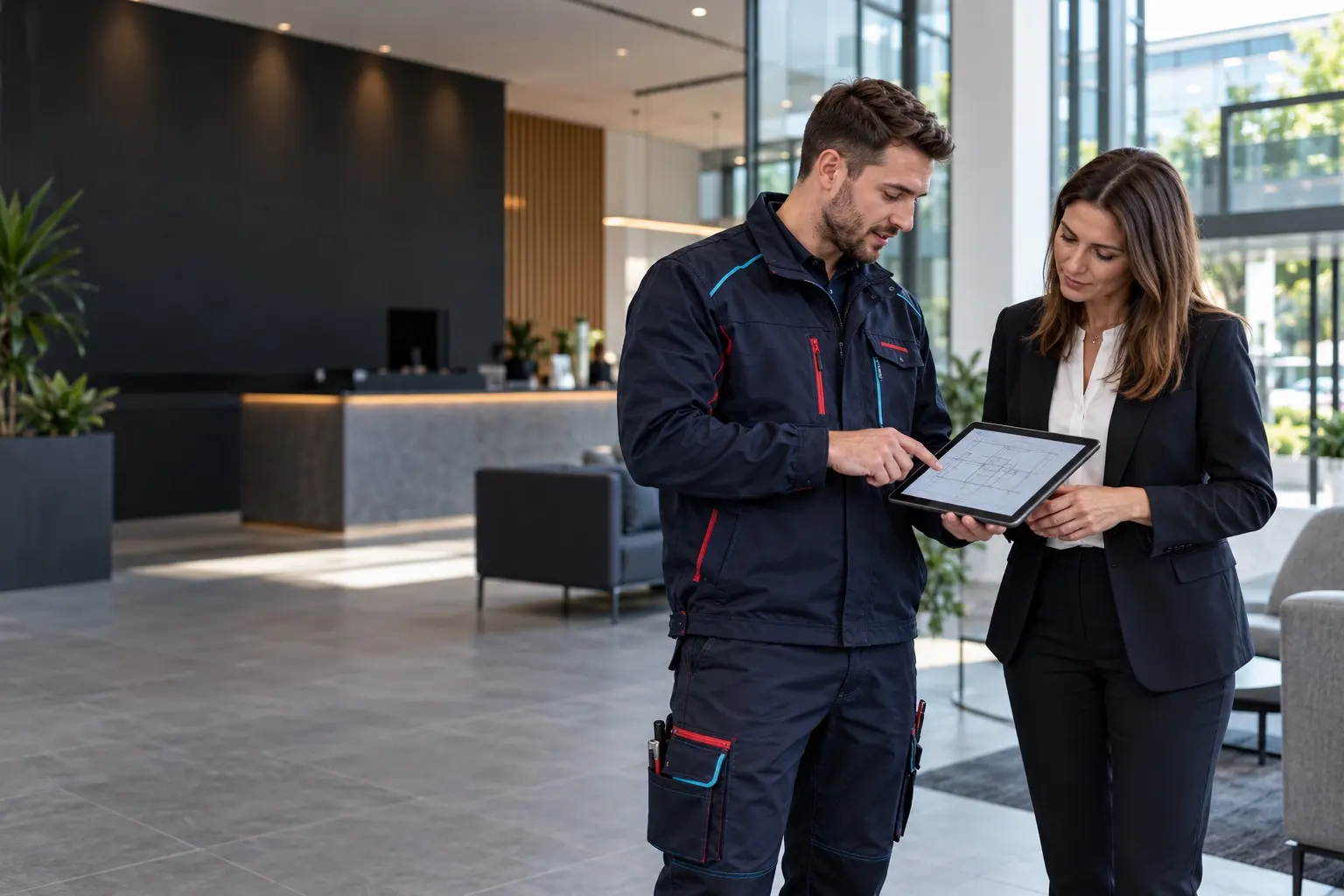 Electrician discussing a planned electrical project with a property manager