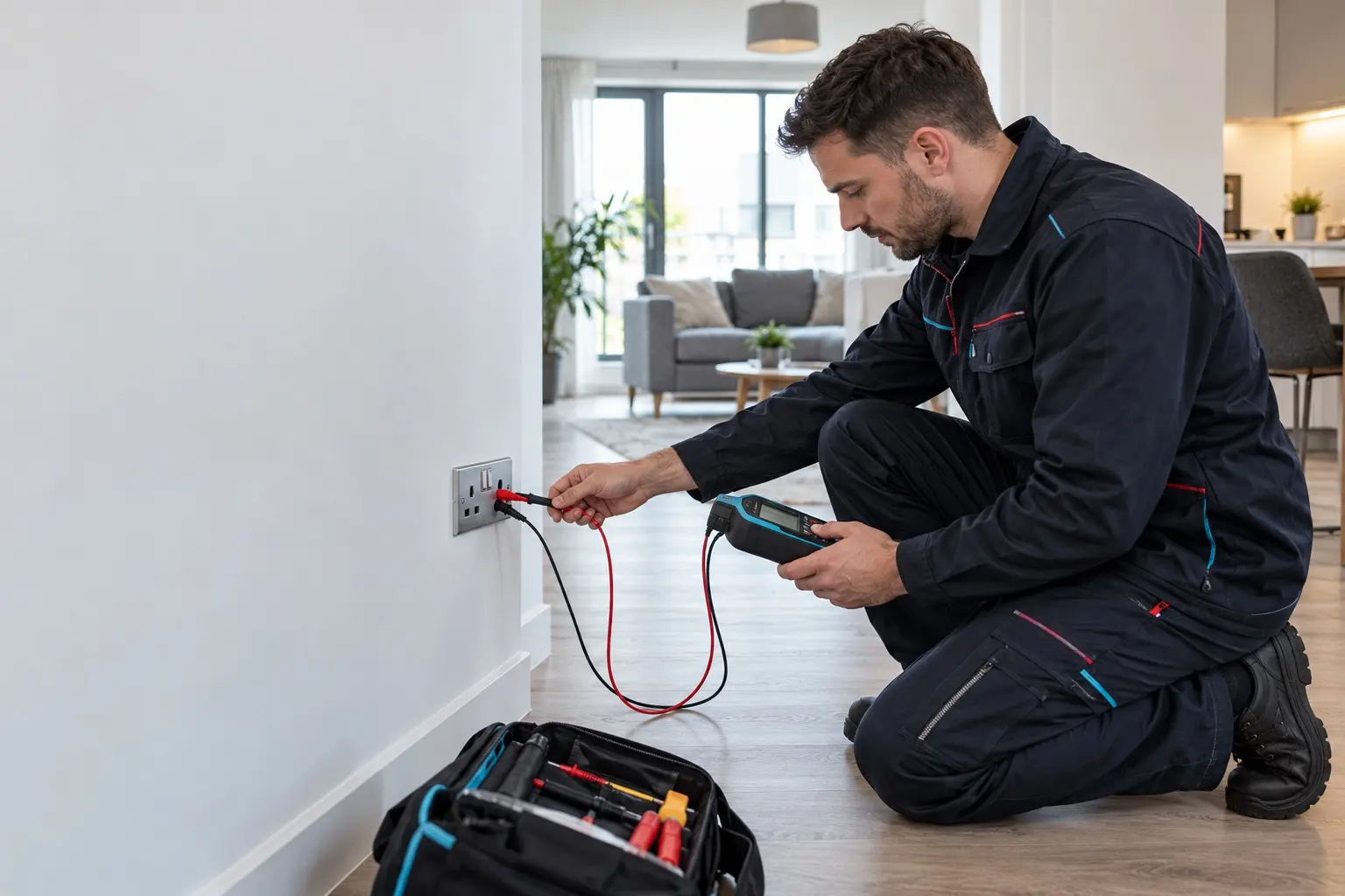 Electrician carrying out electrical testing in a modern apartment