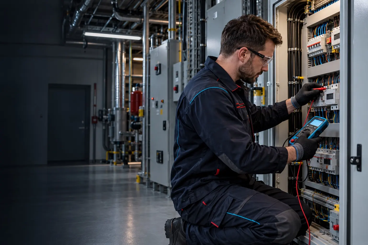 Electrician tracing an electrical fault in a commercial distribution panel