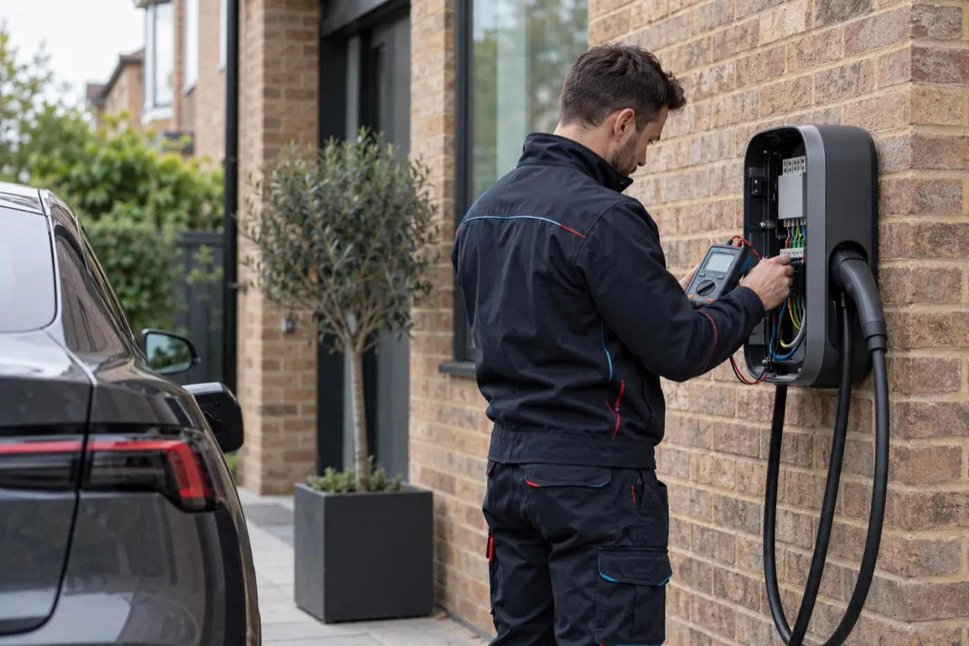 Electrician commissioning a wall-mounted EV charger beside a parked electric car