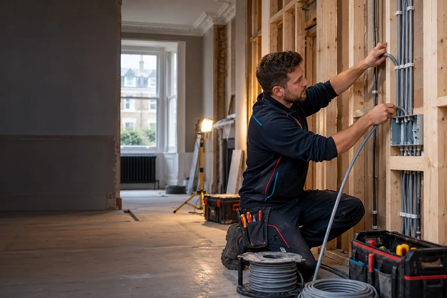 Electrician installing new cabling during a house renovation